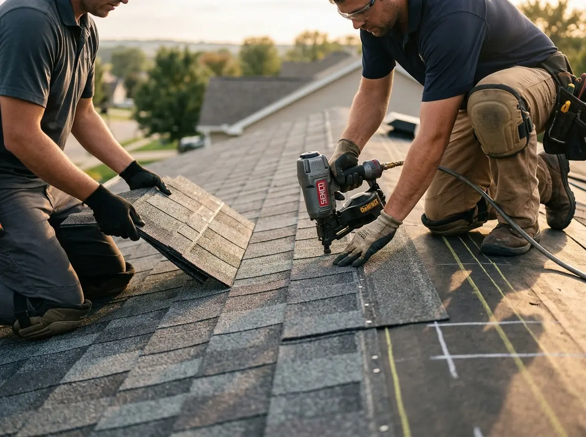 Professional roofer working on a residential roof in Woodward